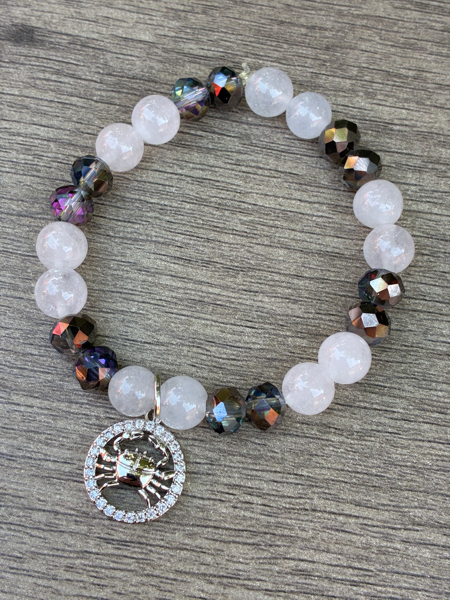 Quartz Cancer Zodiac Beaded Bracelet- Size Small