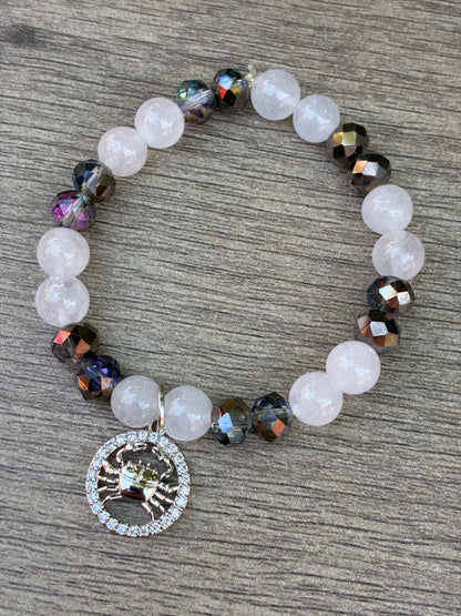 Quartz Cancer Zodiac Beaded Bracelet- Size Small