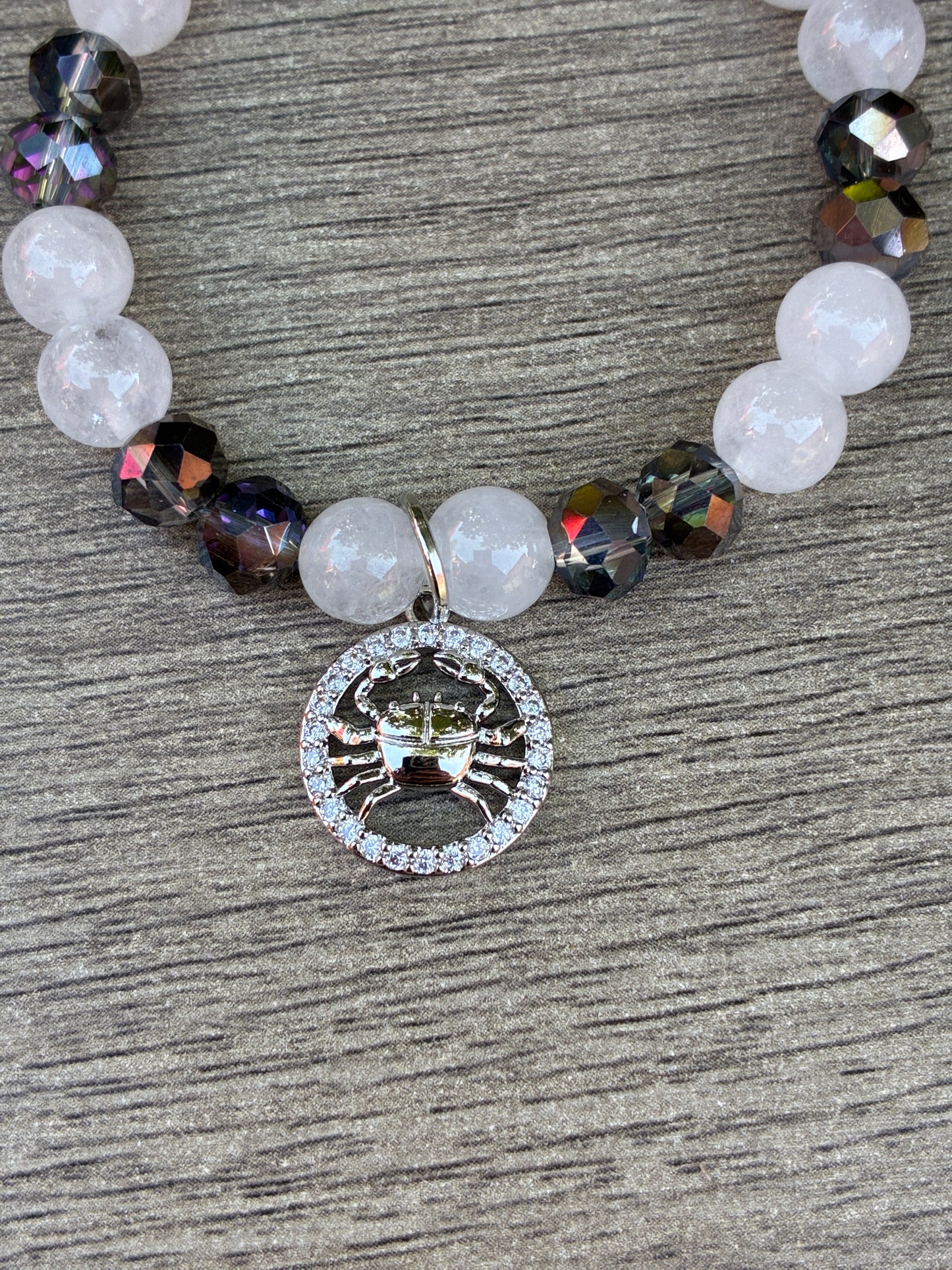 Quartz Cancer Zodiac Beaded Bracelet- Size Small