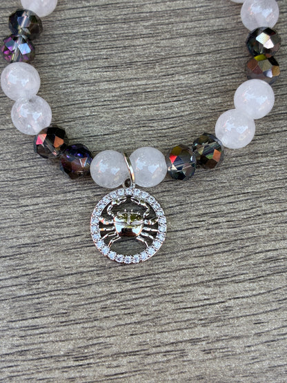 Quartz Cancer Zodiac Beaded Bracelet- Size Small