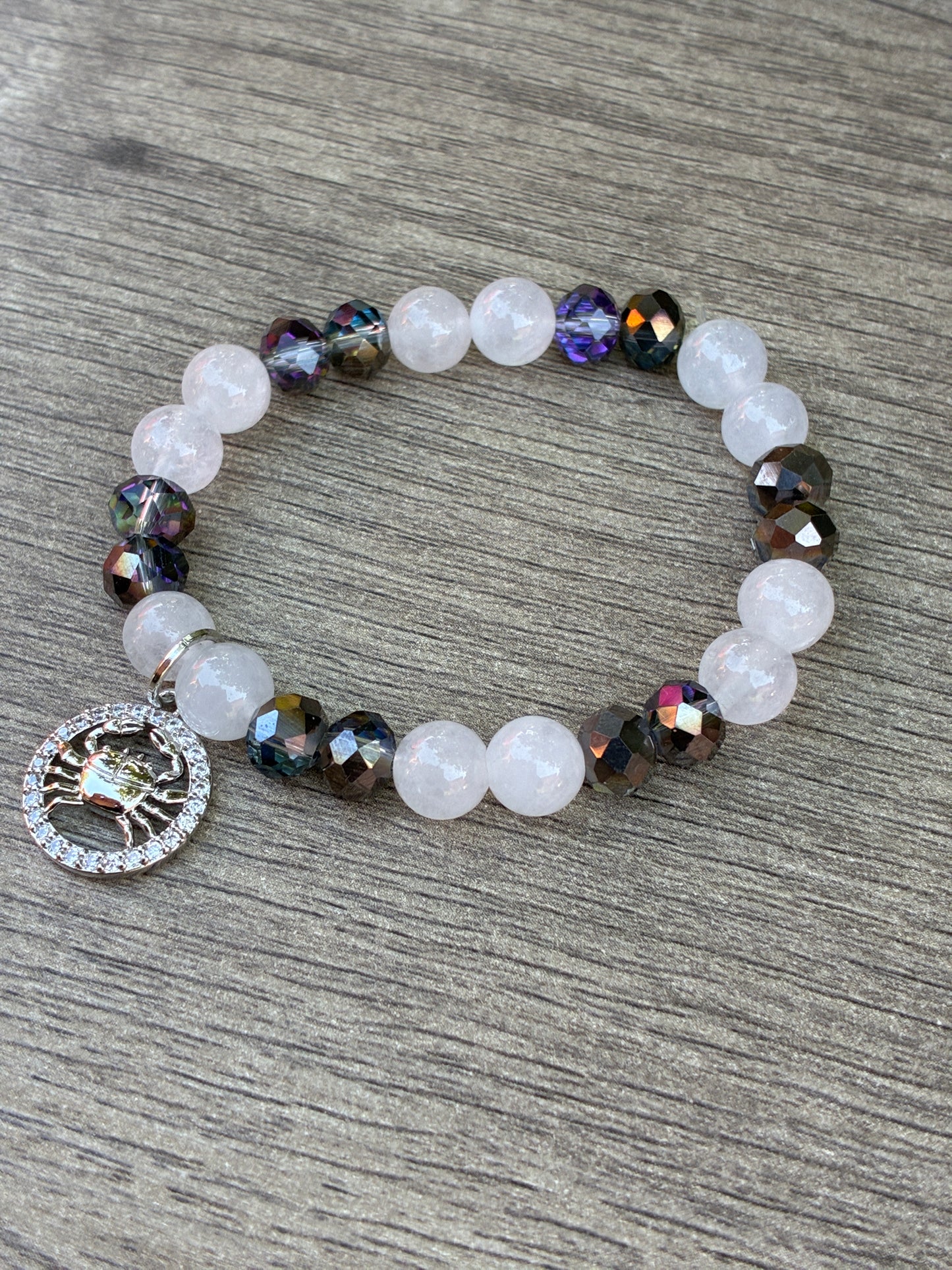 Quartz Cancer Zodiac Beaded Bracelet- Size Small