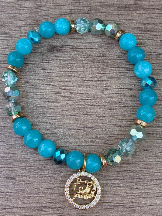 Larimar Beaded Bracelet featuring Gold Aquarius Charm- Size Large