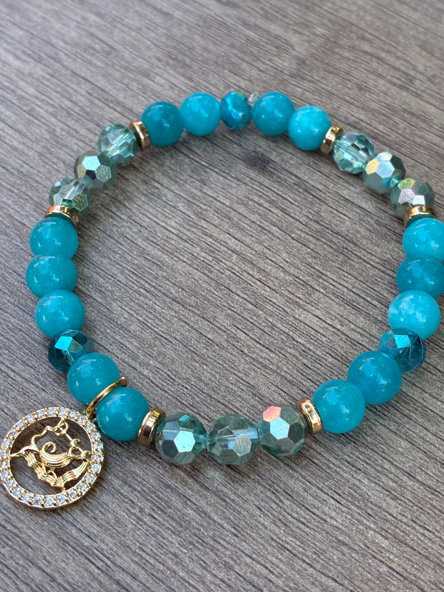 Larimar Beaded Bracelet featuring Gold Aquarius Charm- Size Large