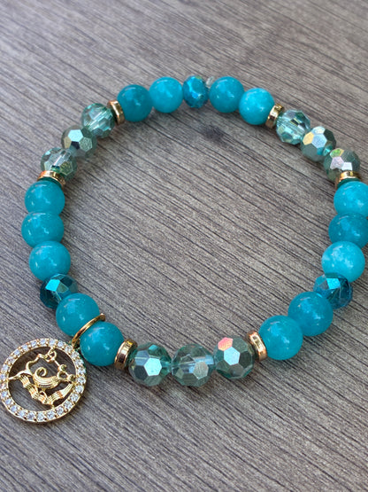Larimar Beaded Bracelet featuring Gold Aquarius Charm- Size Large