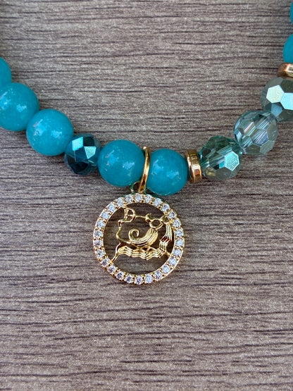 Larimar Beaded Bracelet featuring Gold Aquarius Charm- Size Large