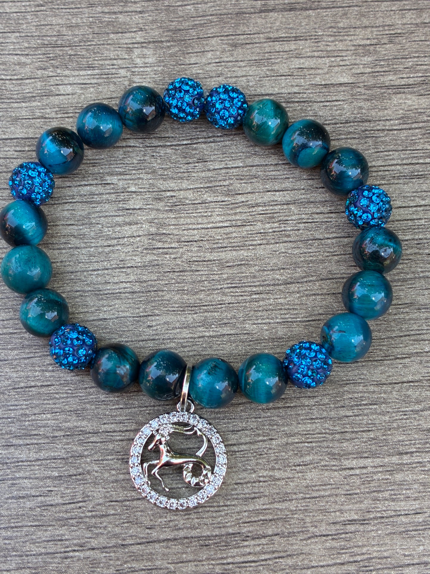 Blue Tiger's Eye Beaded Bracelet featuring Silver Capricorn Charm- Size Medium