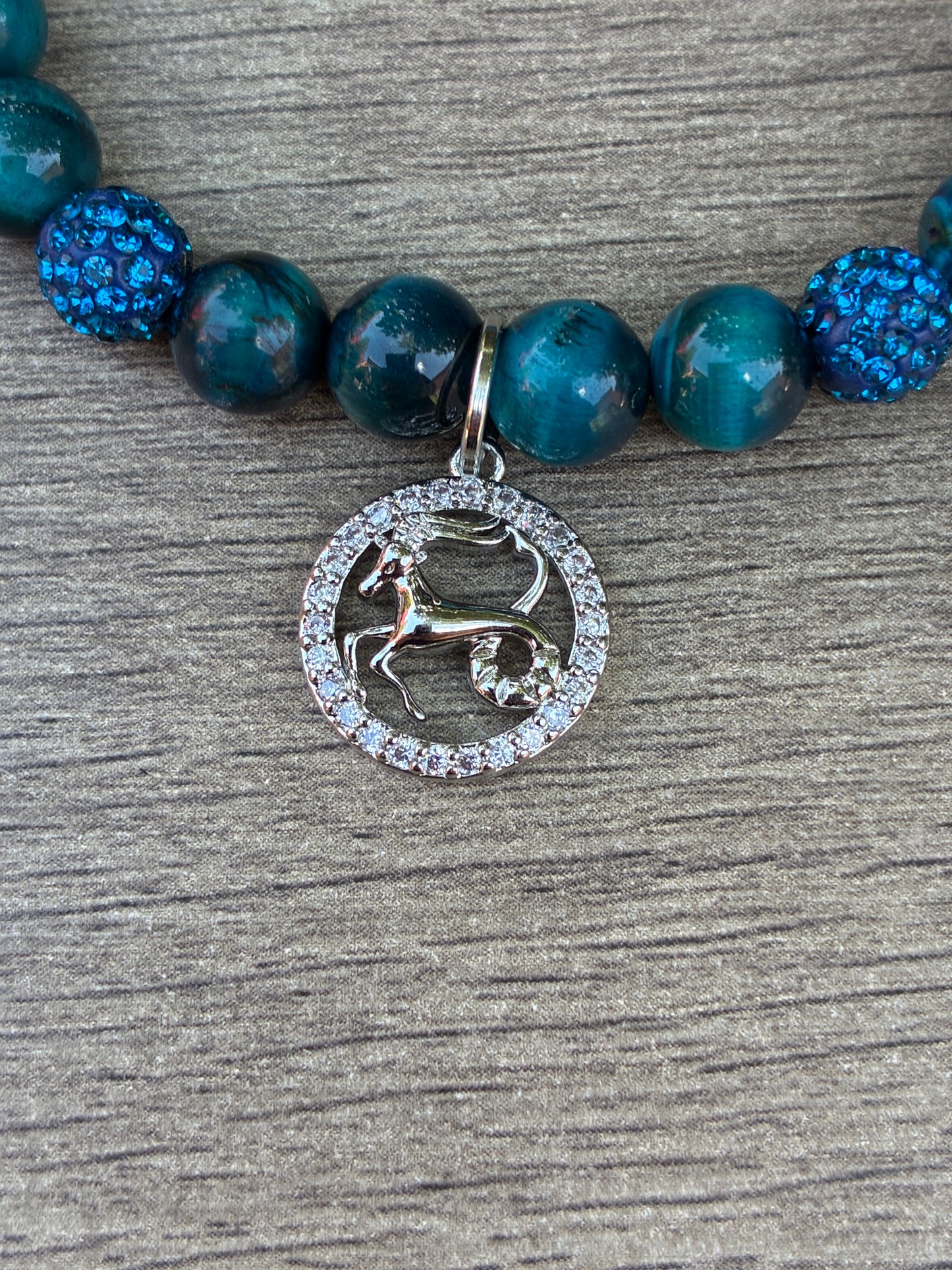 Blue Tiger's Eye Beaded Bracelet featuring Silver Capricorn Charm- Size Medium