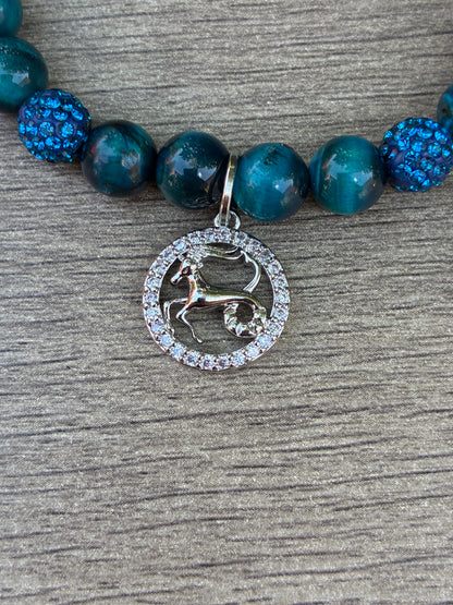 Blue Tiger's Eye Beaded Bracelet featuring Silver Capricorn Charm- Size Medium