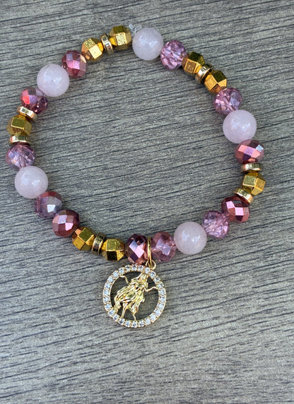 Rose Quartz & Rose Gold Beaded Bracelet featuring Gold Virgo Charm- Size Medium