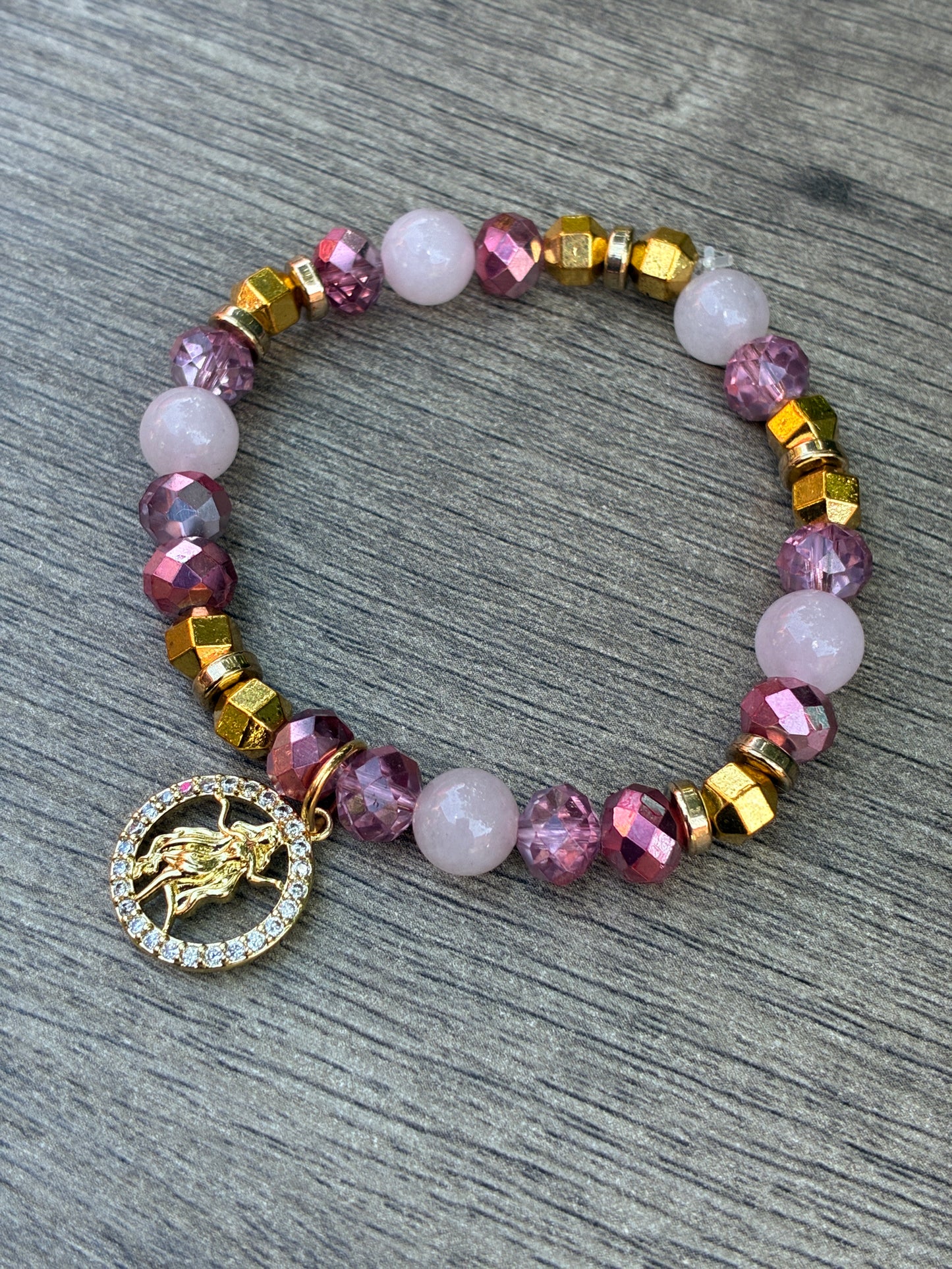Rose Quartz & Rose Gold Beaded Bracelet featuring Gold Virgo Charm- Size Medium
