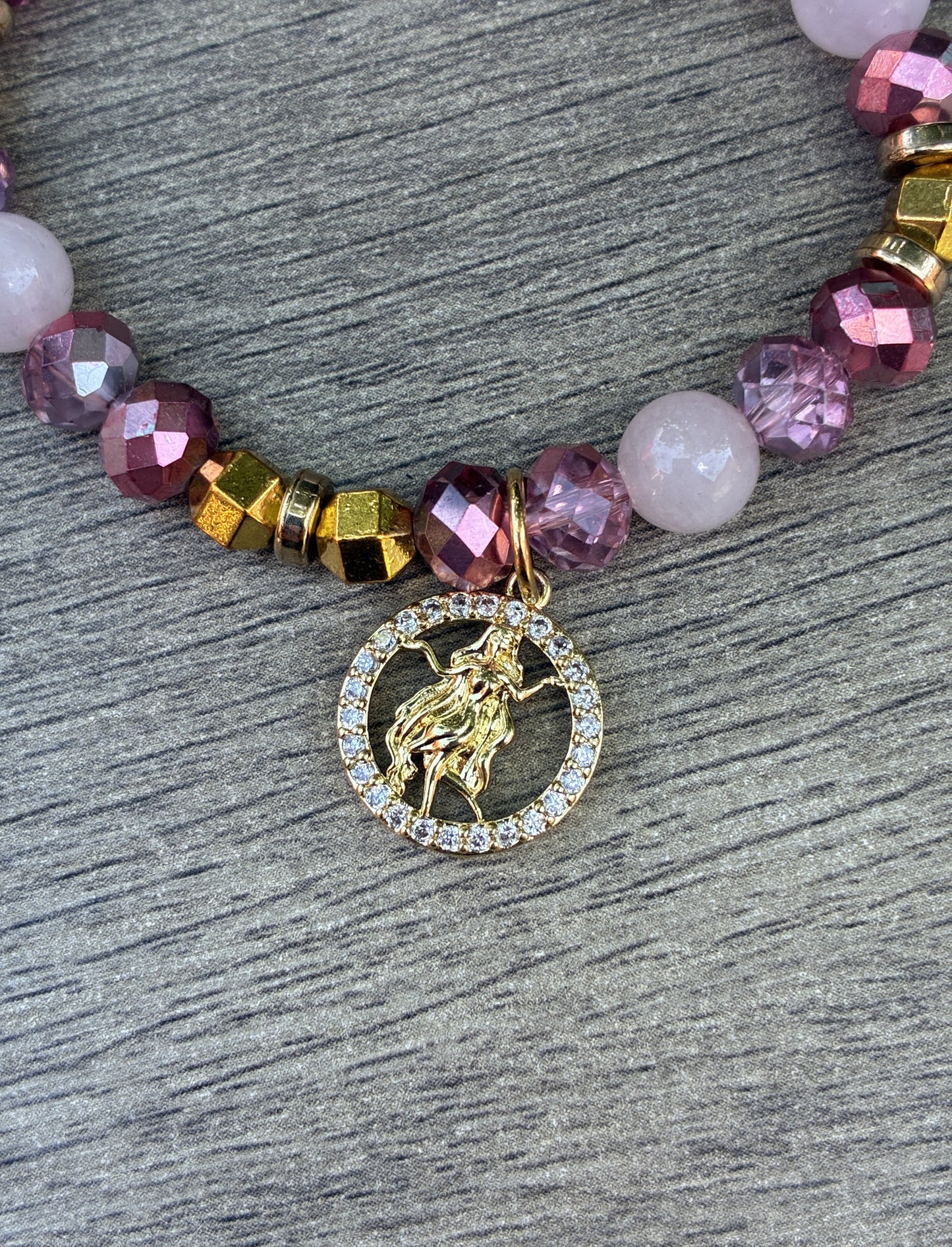 Rose Quartz & Rose Gold Beaded Bracelet featuring Gold Virgo Charm- Size Medium