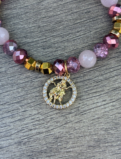 Rose Quartz & Rose Gold Beaded Bracelet featuring Gold Virgo Charm- Size Medium