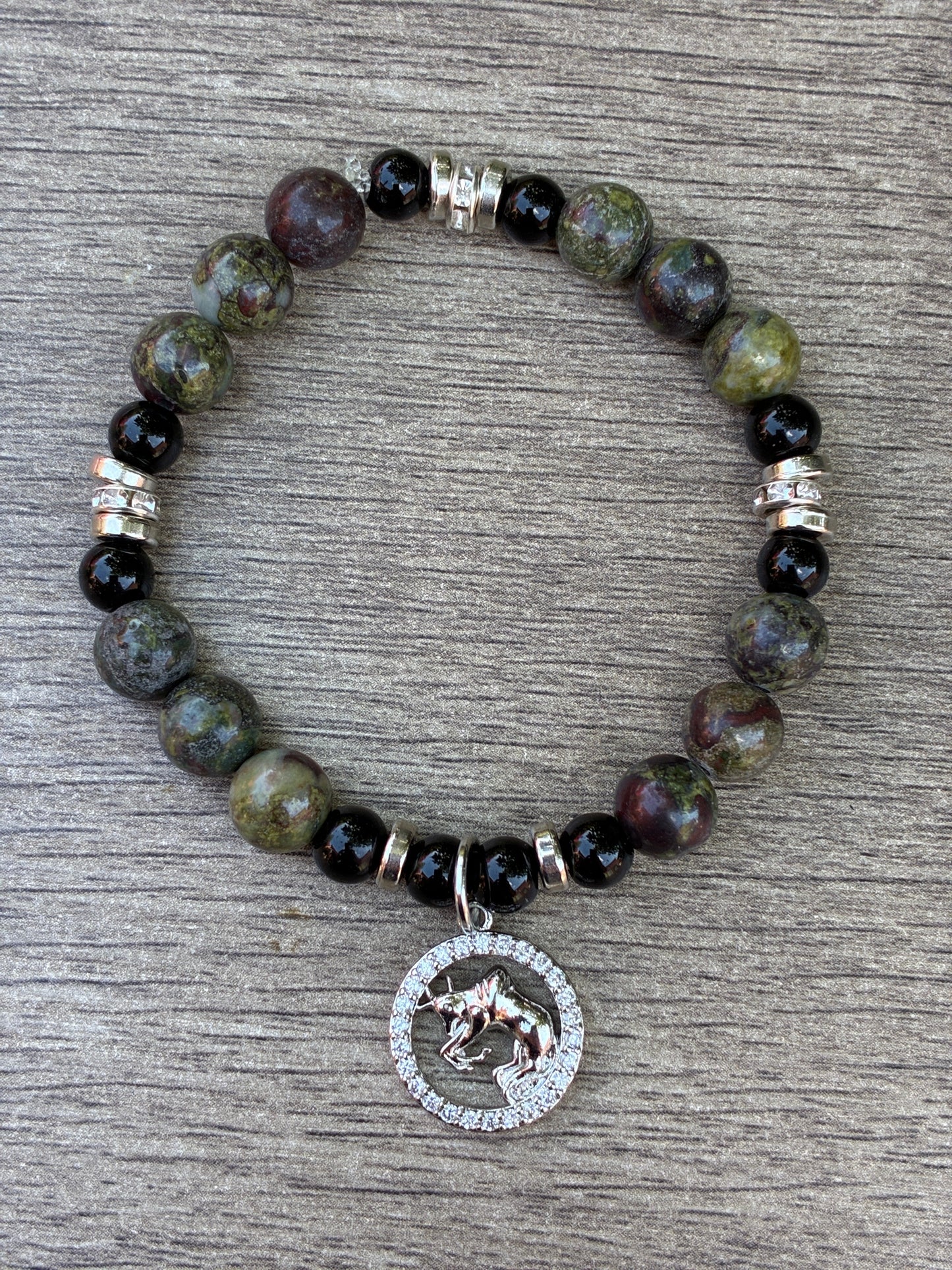 Dragon's Blood & Black Beaded Bracelet featuring Silver Taurus Charm- Size Medium