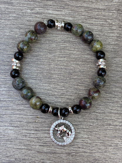 Dragon's Blood & Black Beaded Bracelet featuring Silver Taurus Charm- Size Medium