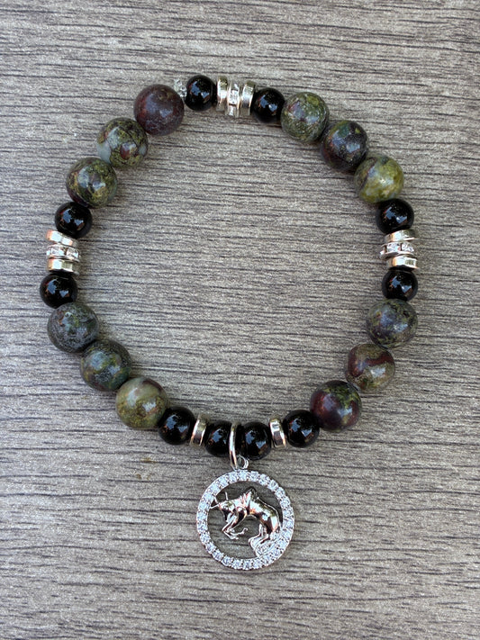 Dragon's Blood & Black Beaded Bracelet featuring Silver Taurus Charm- Size Medium