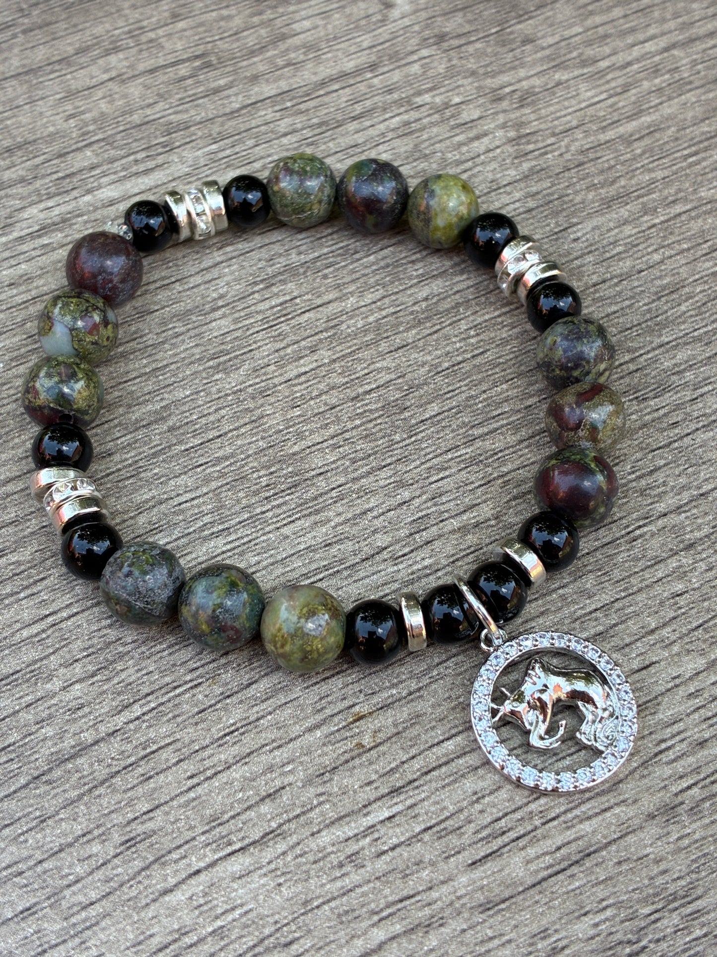 Dragon's Blood & Black Beaded Bracelet featuring Silver Taurus Charm- Size Medium
