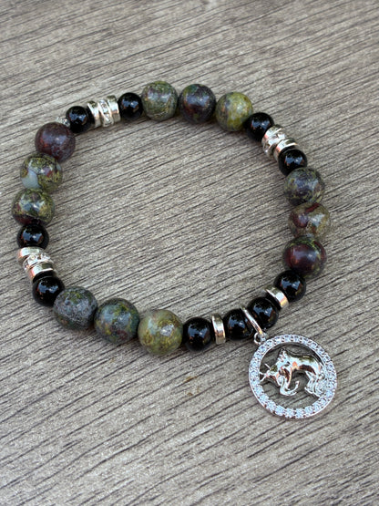 Dragon's Blood & Black Beaded Bracelet featuring Silver Taurus Charm- Size Medium