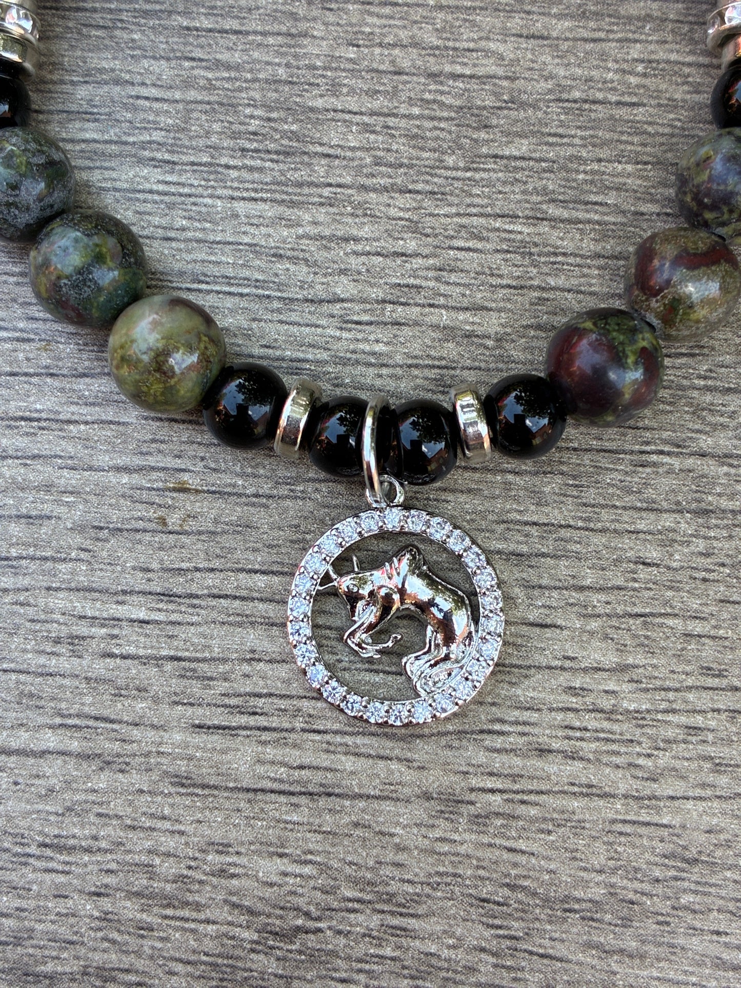 Dragon's Blood & Black Beaded Bracelet featuring Silver Taurus Charm- Size Medium