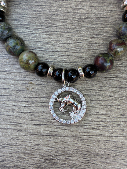 Dragon's Blood & Black Beaded Bracelet featuring Silver Taurus Charm- Size Medium