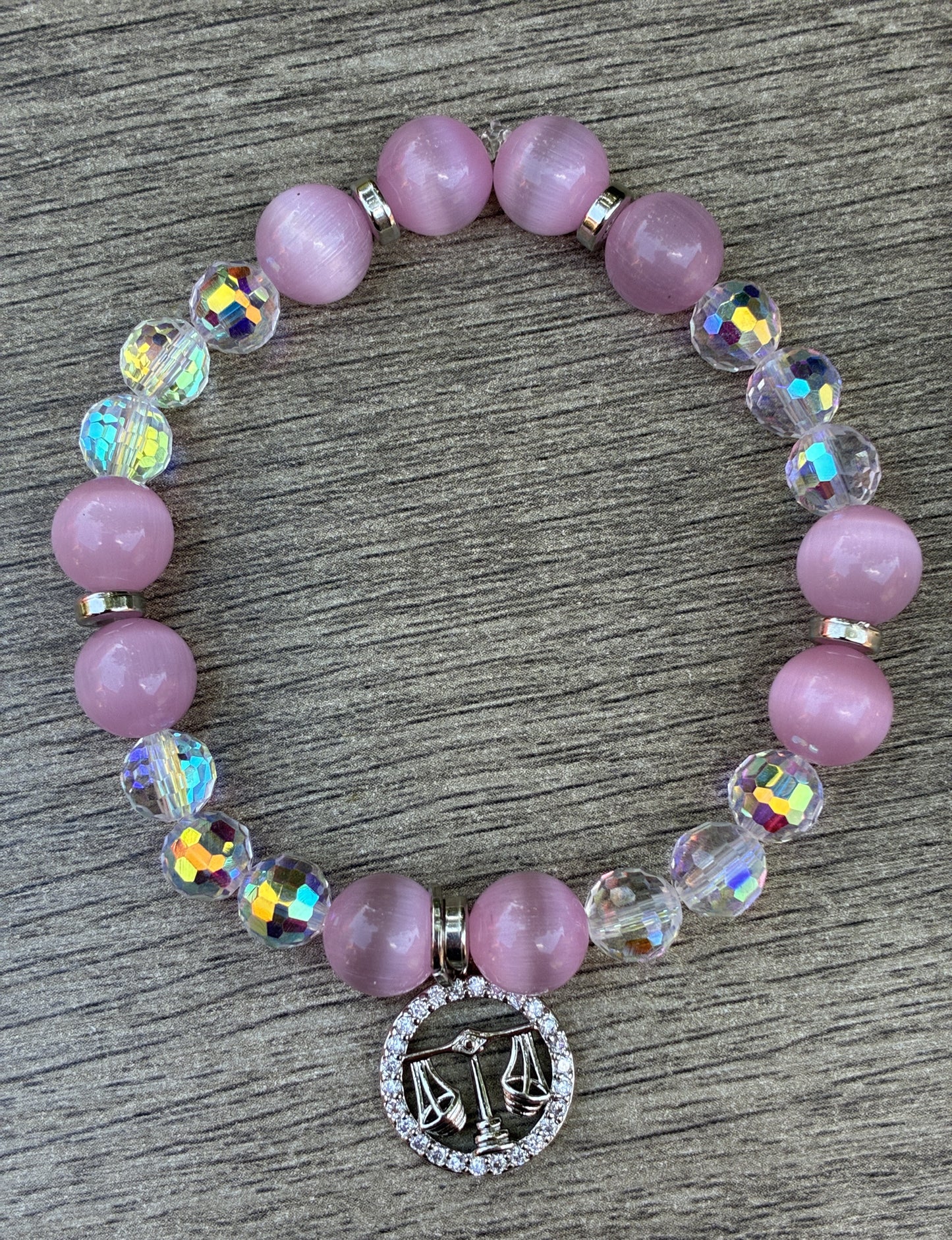 Pink Cat's Eye & Iridescent Beaded Bracelets featuring a Silver Libra Charm- Size Large