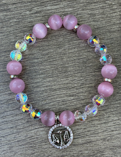 Pink Cat's Eye & Iridescent Beaded Bracelets featuring a Silver Libra Charm- Size Large