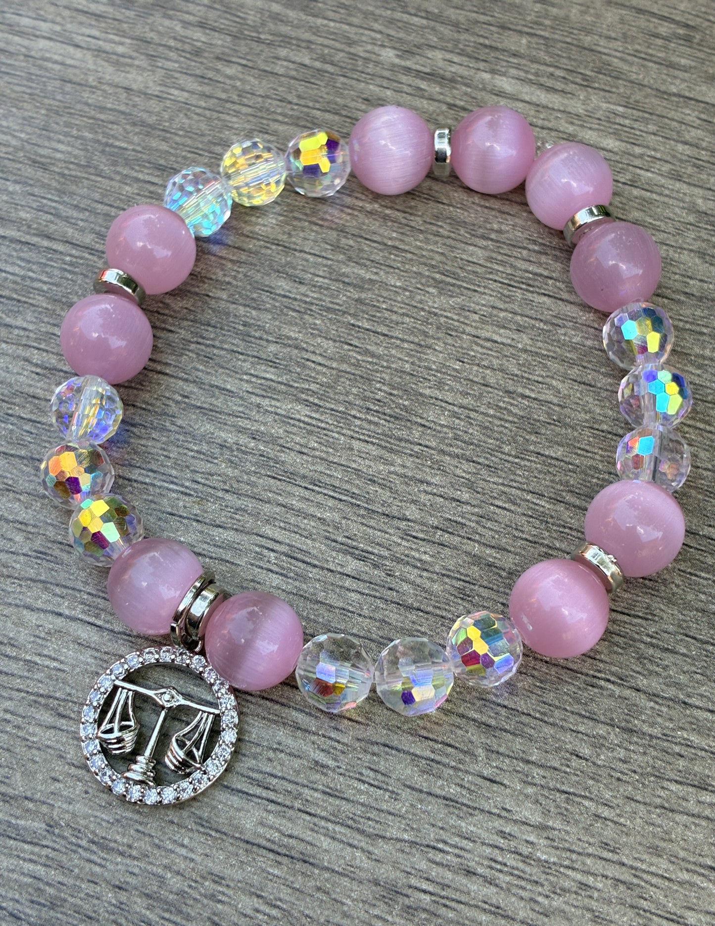 Pink Cat's Eye & Iridescent Beaded Bracelets featuring a Silver Libra Charm- Size Large