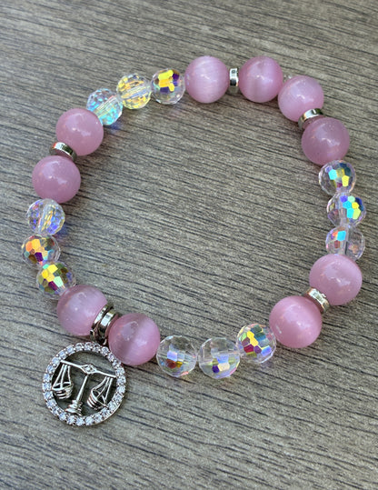 Pink Cat's Eye & Iridescent Beaded Bracelets featuring a Silver Libra Charm- Size Large