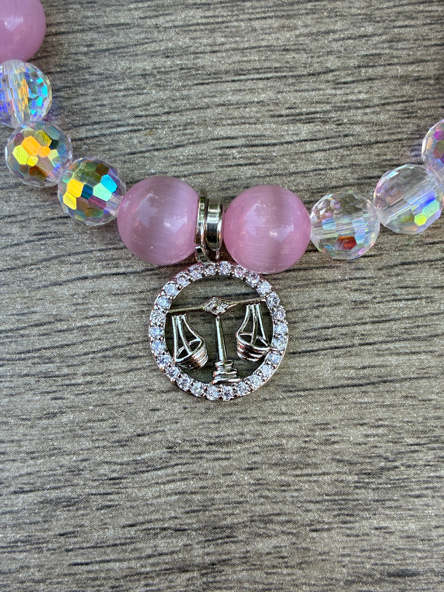 Pink Cat's Eye & Iridescent Beaded Bracelets featuring a Silver Libra Charm- Size Large