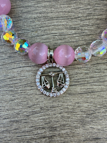 Pink Cat's Eye & Iridescent Beaded Bracelets featuring a Silver Libra Charm- Size Large