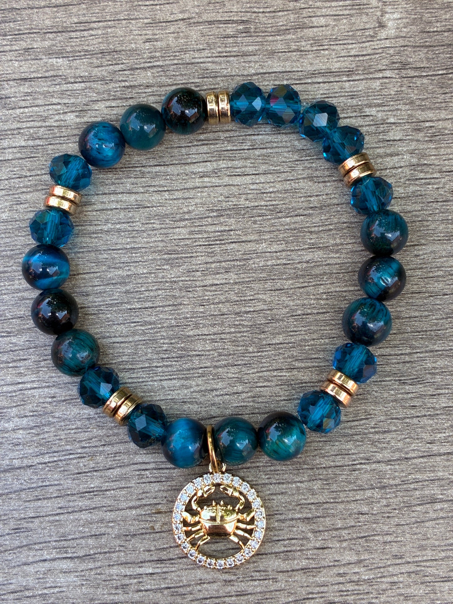 Blue Tiger's Eye & Teal Beaded Bracelet featuring Gold Cancer Charm- Size Large