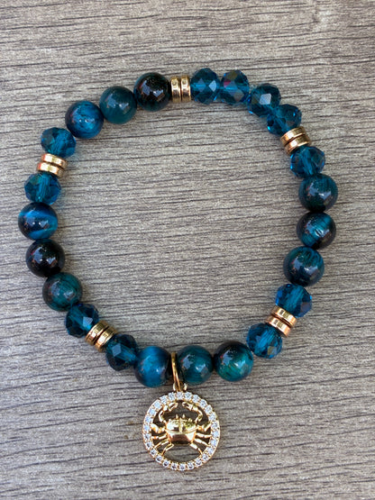 Blue Tiger's Eye & Teal Beaded Bracelet featuring Gold Cancer Charm- Size Large