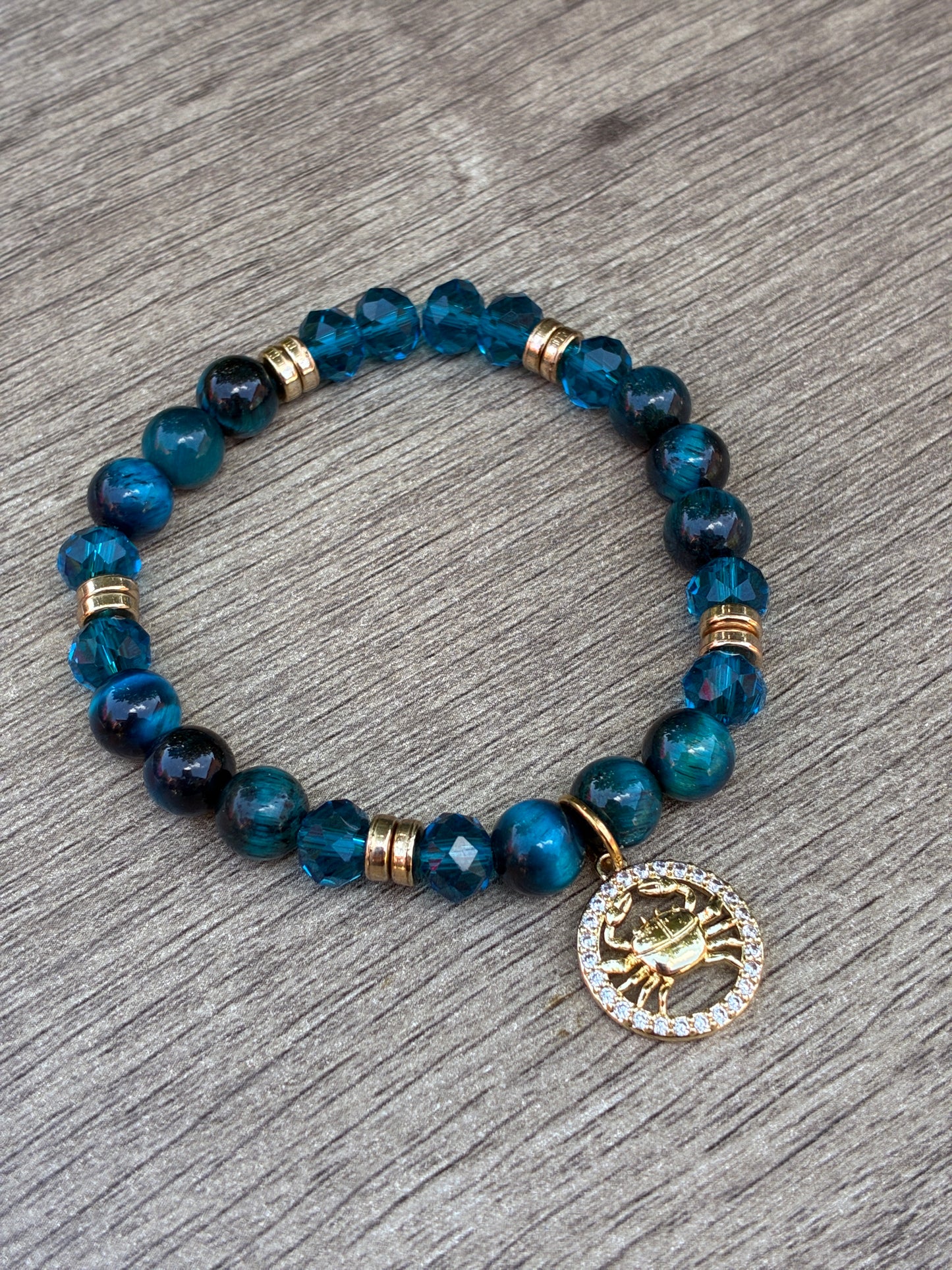 Blue Tiger's Eye & Teal Beaded Bracelet featuring Gold Cancer Charm- Size Large