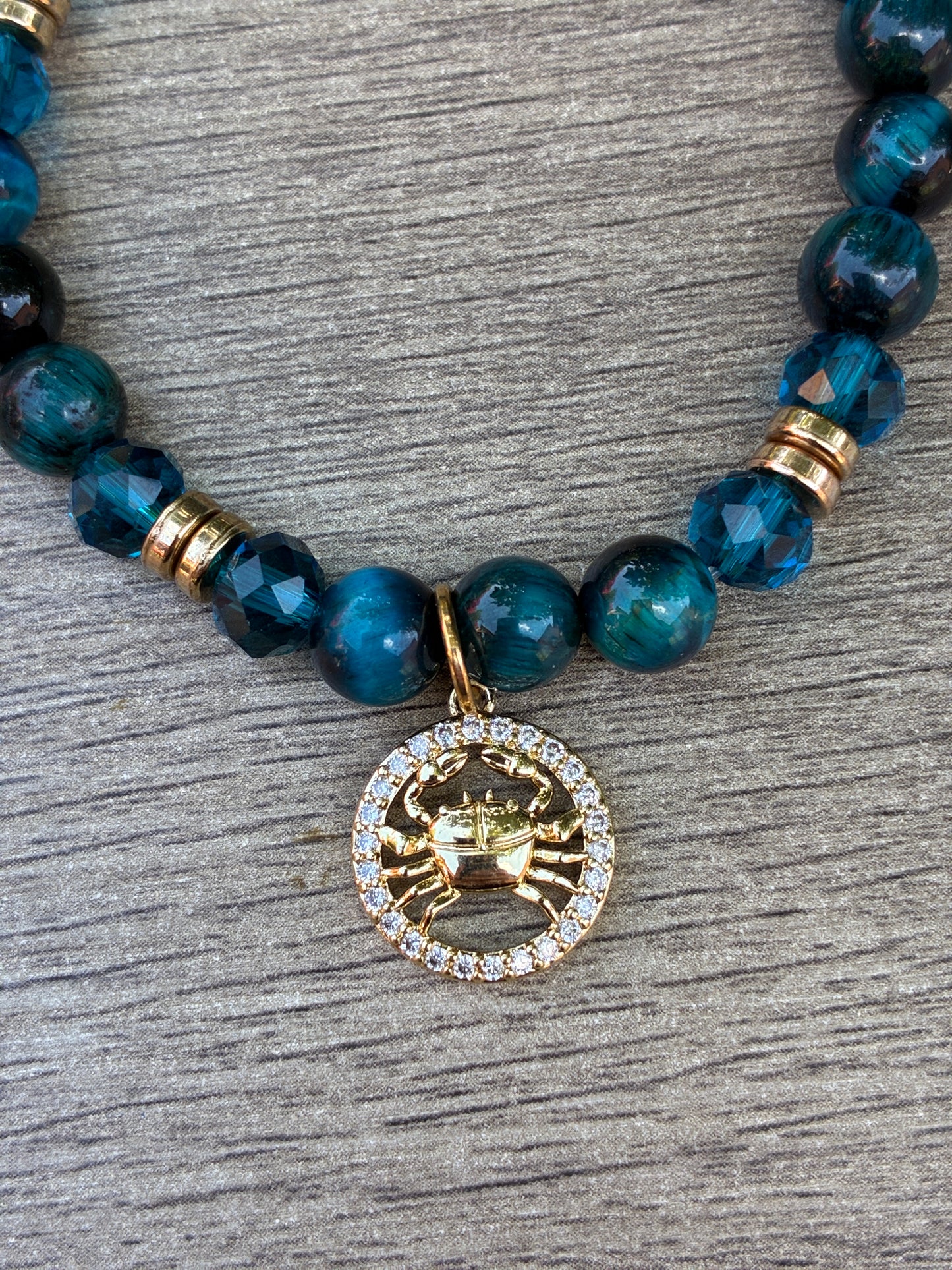 Blue Tiger's Eye & Teal Beaded Bracelet featuring Gold Cancer Charm- Size Large