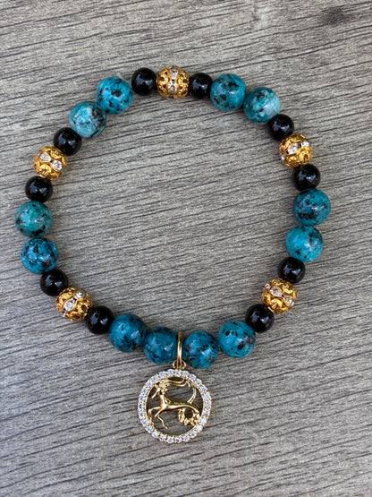 Kabamba Jasper & Gold Beaded Bracelet featuring Gold Capricorn Charm- Size Medium