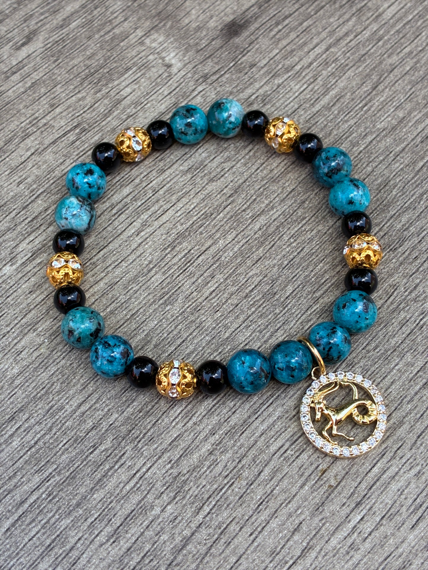 Kabamba Jasper & Gold Beaded Bracelet featuring Gold Capricorn Charm- Size Medium