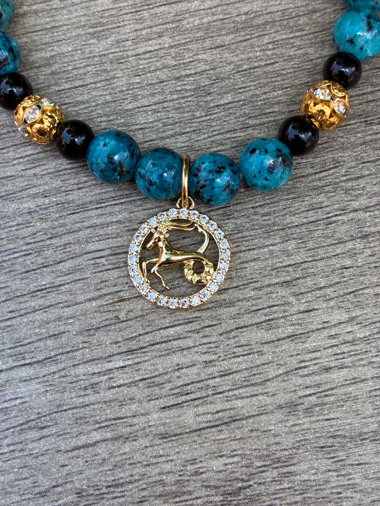 Kabamba Jasper & Gold Beaded Bracelet featuring Gold Capricorn Charm- Size Medium