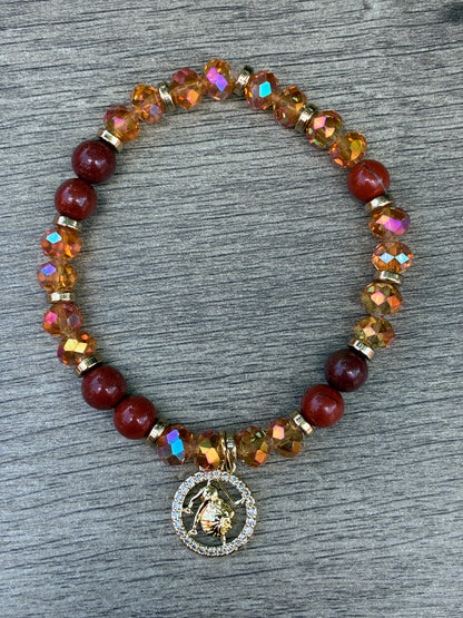 Red Jasper Beaded Bracelet featuring Gold Leo Charm- Size Large