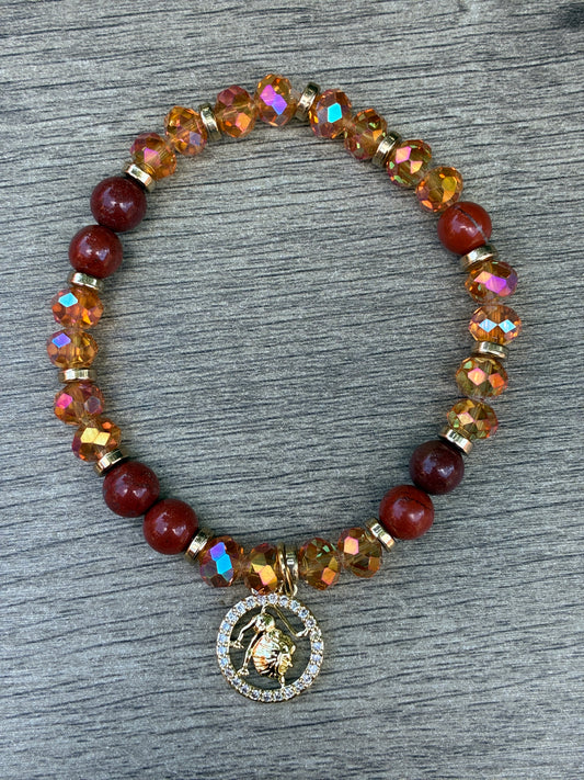 Red Jasper Beaded Bracelet featuring Gold Leo Charm- Size Large