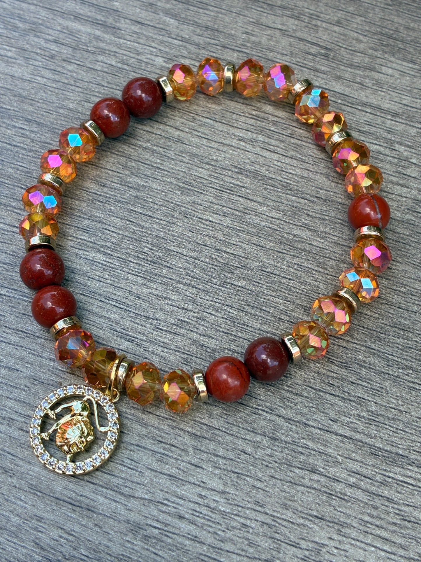 Red Jasper Beaded Bracelet featuring Gold Leo Charm- Size Large