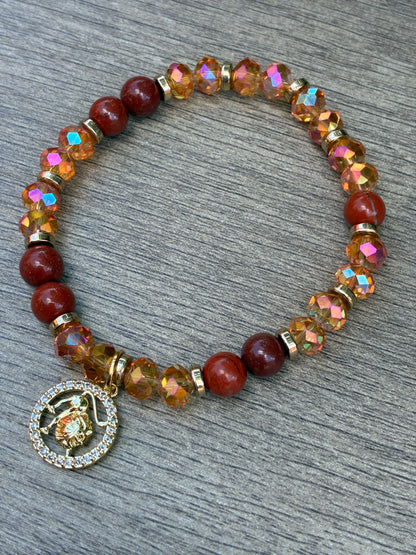Red Jasper Beaded Bracelet featuring Gold Leo Charm- Size Large