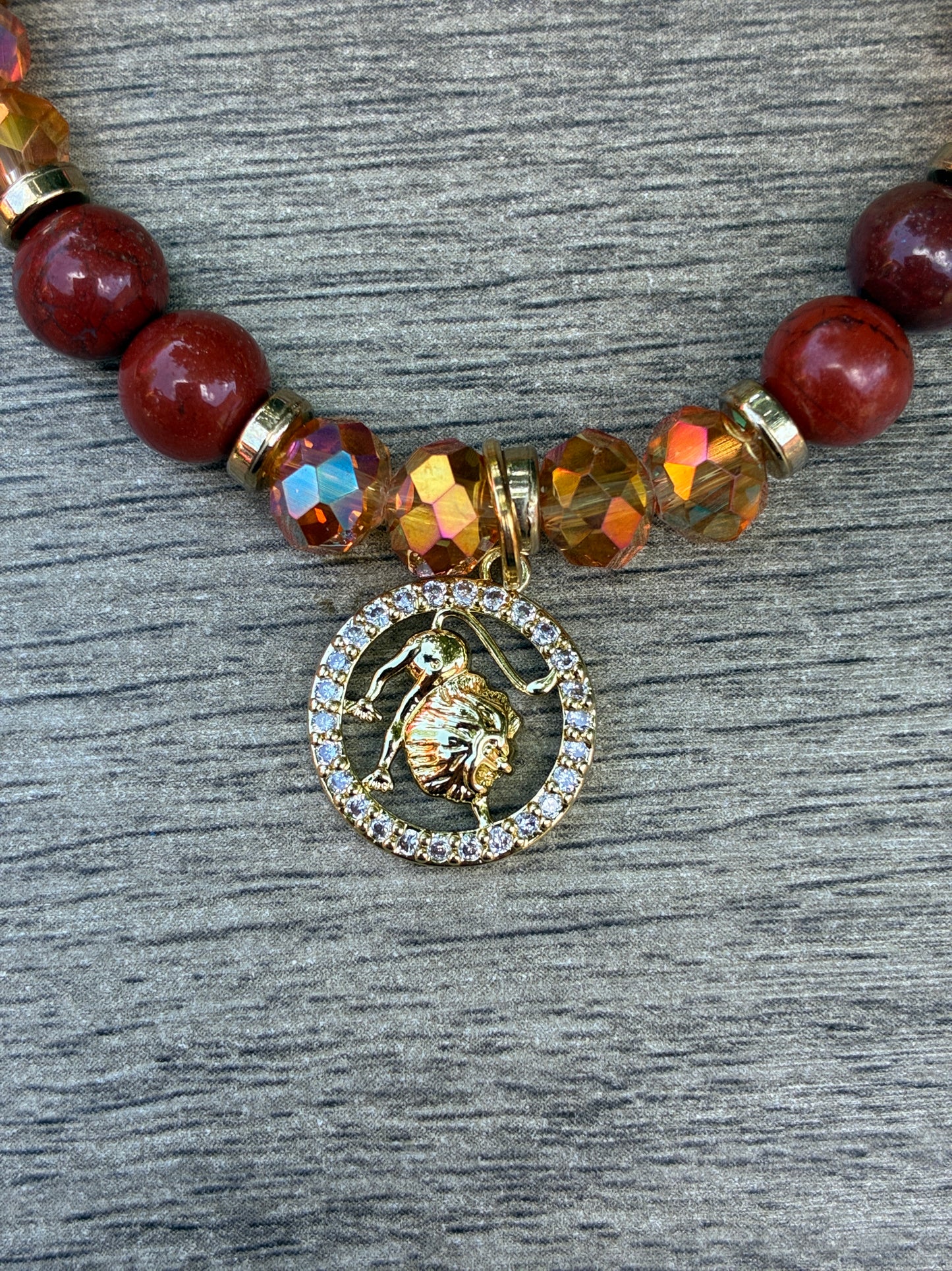 Red Jasper Beaded Bracelet featuring Gold Leo Charm- Size Large