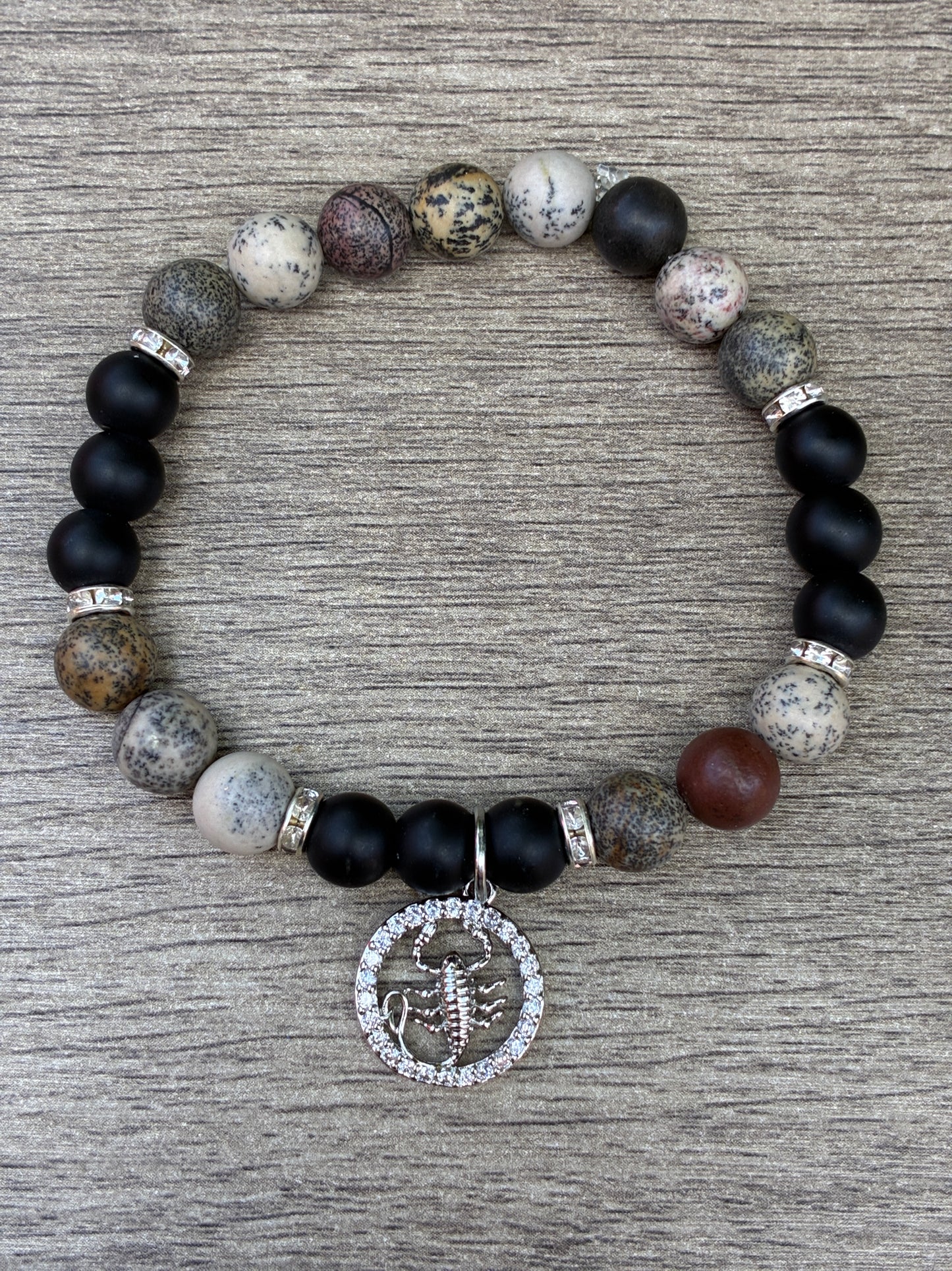 Jasper & Black Beaded Bracelet featuring Silver Scorpio Charm- Size Large