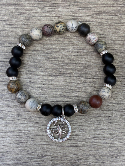 Jasper & Black Beaded Bracelet featuring Silver Scorpio Charm- Size Large
