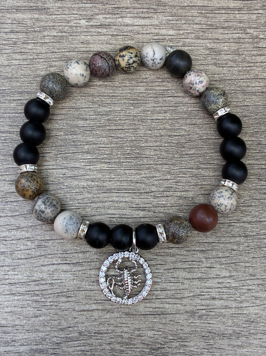 Jasper & Black Beaded Bracelet featuring Silver Scorpio Charm- Size Large