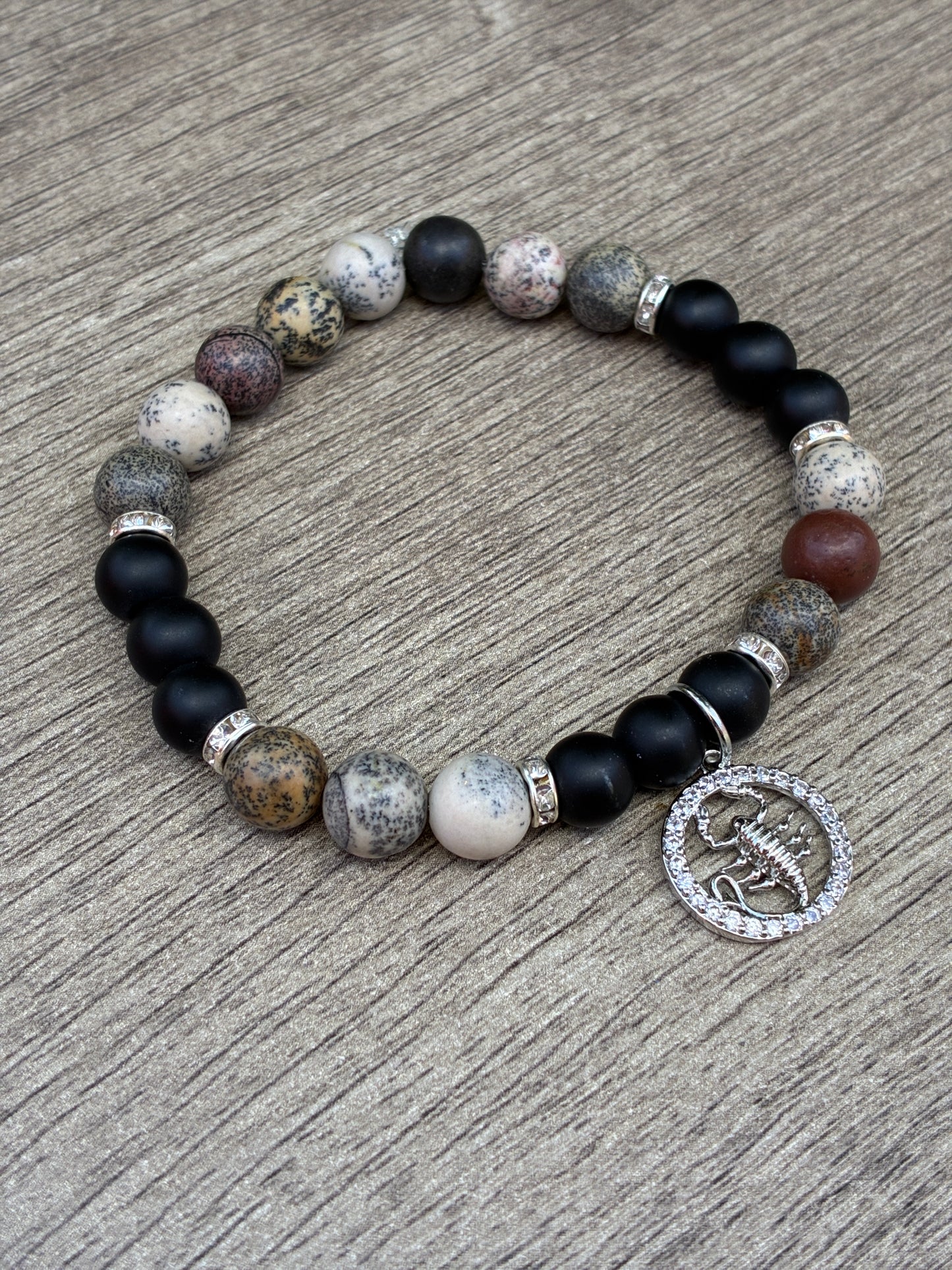Jasper & Black Beaded Bracelet featuring Silver Scorpio Charm- Size Large