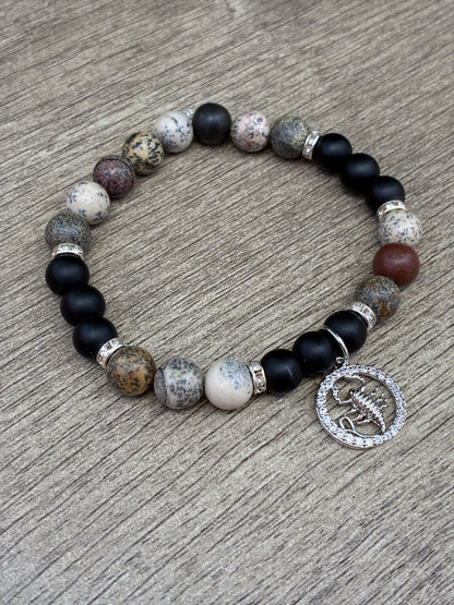Jasper & Black Beaded Bracelet featuring Silver Scorpio Charm- Size Large