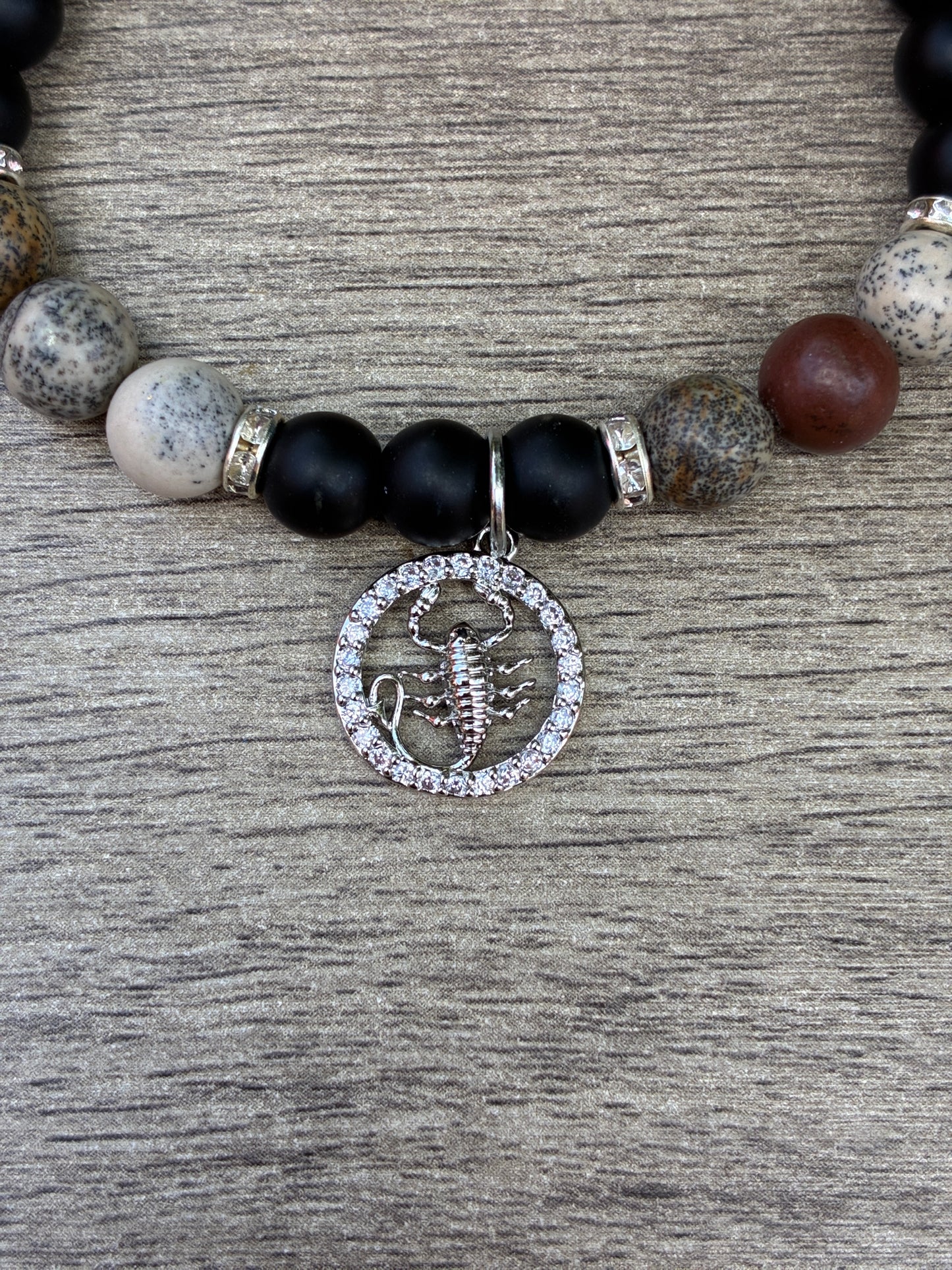Jasper & Black Beaded Bracelet featuring Silver Scorpio Charm- Size Large