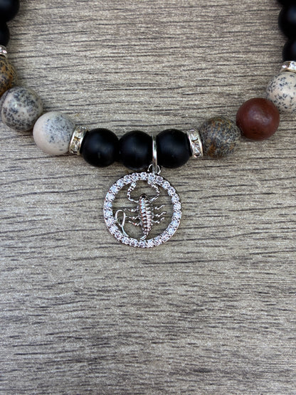 Jasper & Black Beaded Bracelet featuring Silver Scorpio Charm- Size Large