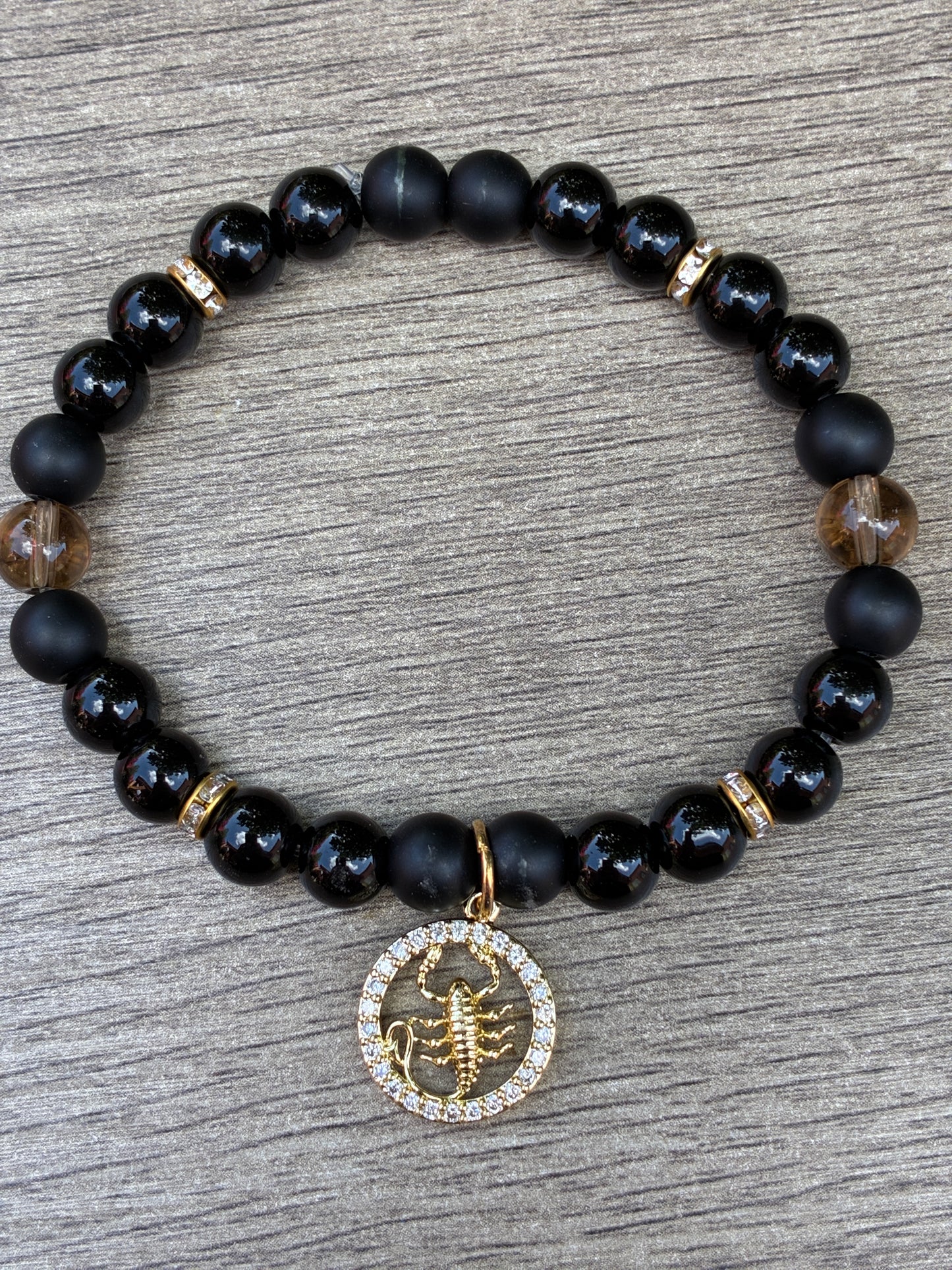 Obsidian & Smokey Quartz Beaded Bracelet featuring Gold Scorpio Charm- Size Large