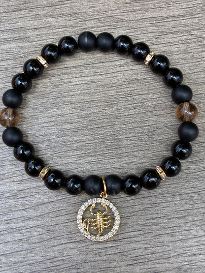 Obsidian & Smokey Quartz Beaded Bracelet featuring Gold Scorpio Charm- Size Large